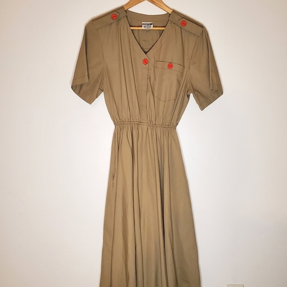 Revolution Muse Army-Influenced Dress with Pocket, Gathered Waist & Red Buttons - Picture 16 of 16